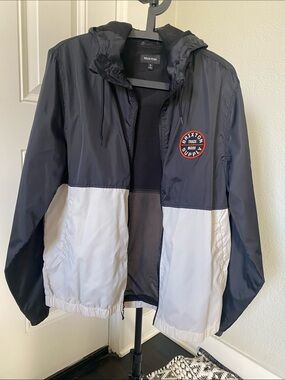 Brixton Two-Tone Hooded Windbreaker Jacket - Black & White with Red Patch